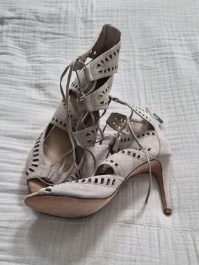 ANTONIO MELANI Suede Lace-Up Cutout Heels in Light Gray